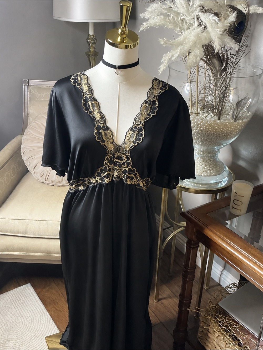 Vtg Black Satin Maxi Nightgown Empire Waist Plus Size 1X Romantic